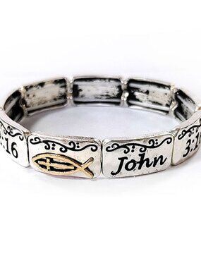 John 3:16 Christian Fish Twotone  Silver Gold  Stretch Bracelet